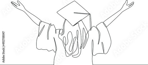 Continuous line drawing of a girl student hands up two hand because she has graduated. Vector illustration.