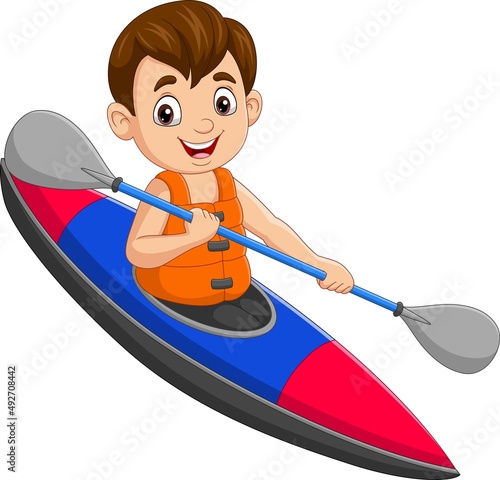 Cartoon little boy rowing a boat