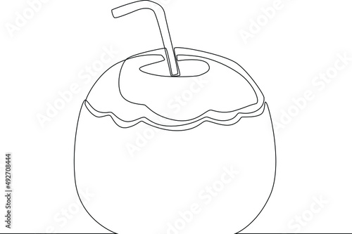 Simple continuous line drawing Coconut water with straw on the beach. The symbol of a holiday by the sea. Summer timer. Vector Illustration.