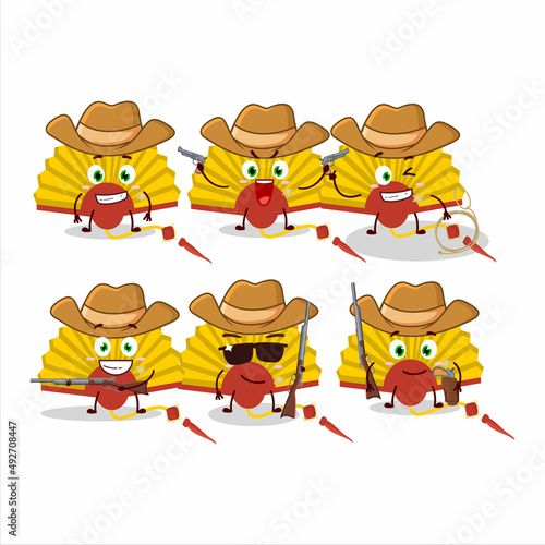 Cool cowboy yellow chinese fan cartoon character with a cute hat