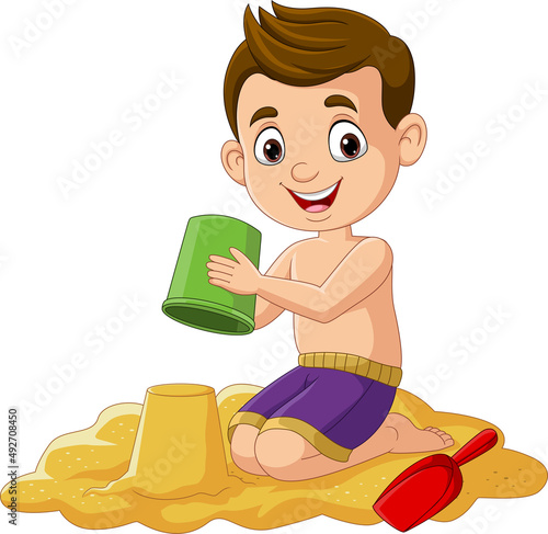 Cartoon little boy playing sand castle
