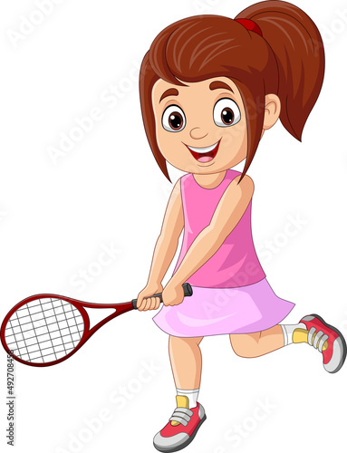 Cartoon little girl playing tennis