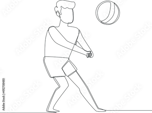 Simple continuous line young boy playing beach volley. summer time. Vector illustration.