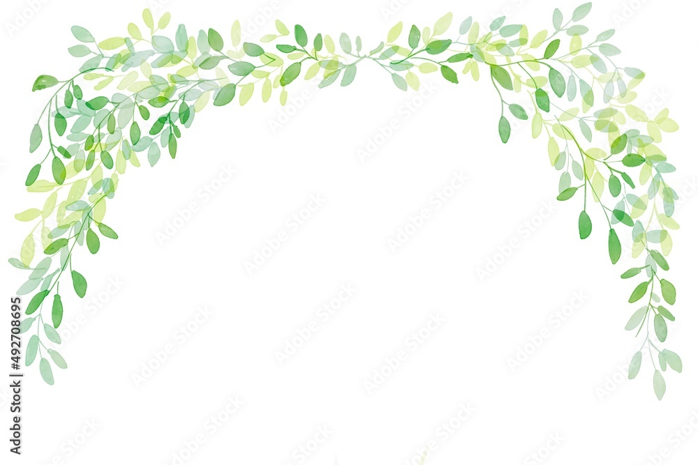 水彩画。水彩タッチの草木イラスト。草木の装飾フレーム。Watercolor painting. Illustration of plants and trees with watercolor touch. Decorative frame of plants and trees.