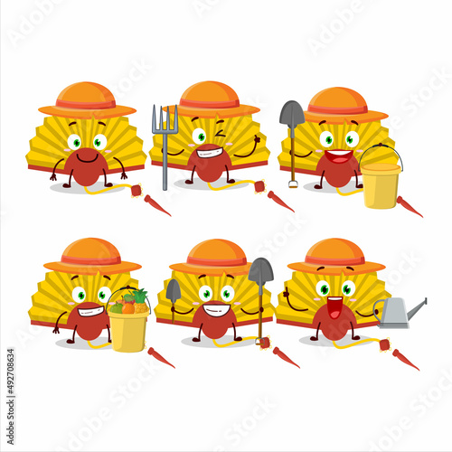 Farmer yellow chinese fan cute mascot character with fork