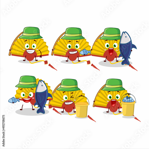 A fisherman yellow chinese fan cartoon picture catch a big fish