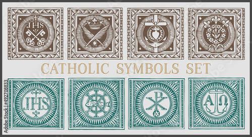 Catholic Symbols vector set of 8, vintage engraving. Catholic symbolism photo