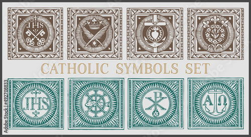 Catholic Symbols vector set of 8, vintage engraving. Catholic symbolism