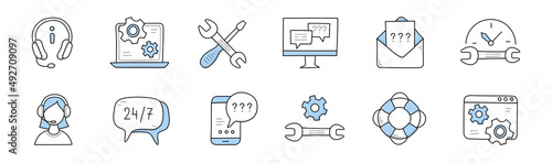 Customer support service, call center icons. Vector doodle set of contact center and hotline symbols with operator in headset, laptop with information manual, mobile phone, technical tools