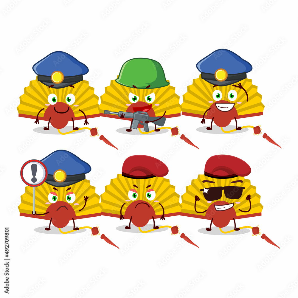 A dedicated Police officer of yellow chinese fan mascot design style