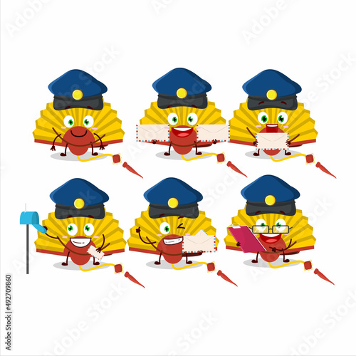 A picture of cheerful yellow chinese fan postman cartoon design concept
