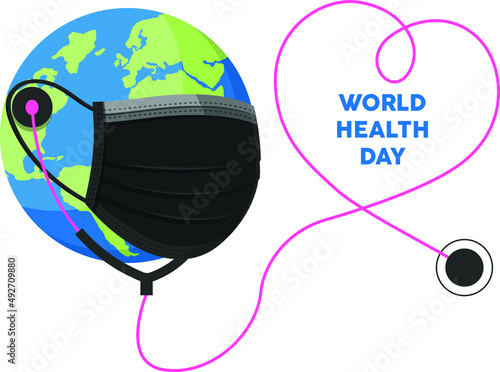 Globe with black mask using stethoscope for checking heart. World day concept. Colored flat vector illustration. 