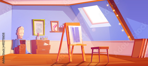 Artist studio on attic, art workshop or classroom interior at house roof with window, painter stuff, canvas on easel, paints, stool, frames for pictures and gypsum head, Cartoon vector illustration