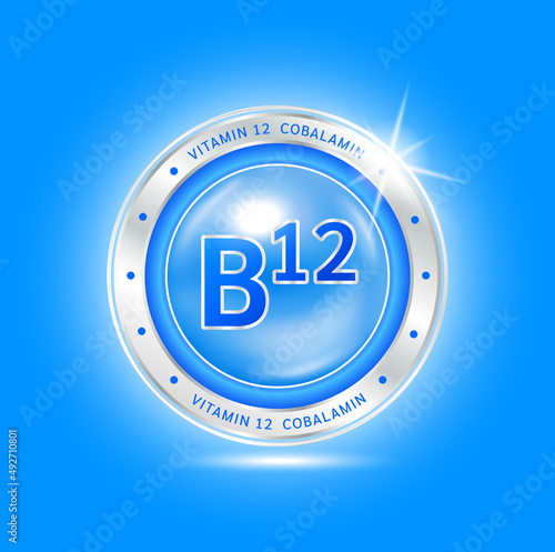 Nutrition vitamin B12 label blue aluminum sign. Foods vitamins and minerals logo products template design. Medical food supplement concepts. 3D Realistic Vector EPS10.
