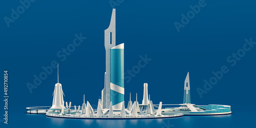 Futuristic city block, big building complex on blue background. Realistic solid and flat style buildings. 3d renderding.