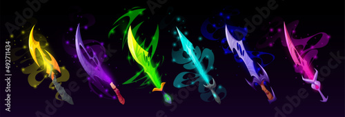 Magic swords, cartoon magical steel daggers, sabers with colorful blades and haze. Knight warrior weapon, Ui design elements for computer game, isolated wizard or elvish armor Vector illustration, set