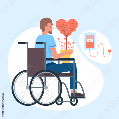 Supporting and raising charity to people with physical disability. Person using wheelchair holding warm and generous donation flat vector illustration