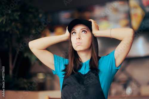 Fotografi Stressed Fast Food Worker Feeling Overwhelmed Doing Overtime