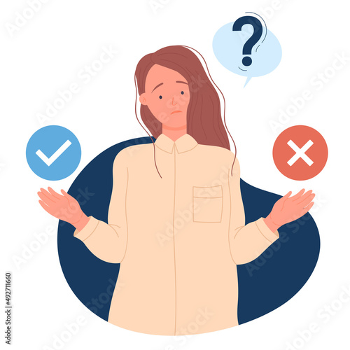 Thinking confused girl on taking right decision. Doubts of accepting or declining flat vector illustration