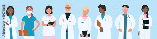 Team of doctors and nurses standing together. Crowd of brave male and female hospital workers wearing masks and medical uniform flat vector illustration. Profession, healthcare, medicine concept