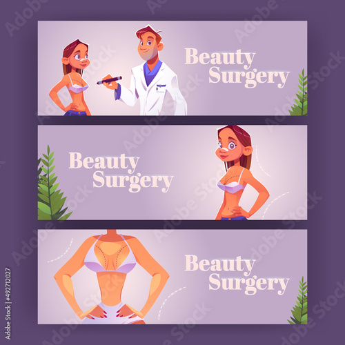 Beauty surgery posters with woman patient and doctor. Vector banners of aesthetic plastic operation, breast lift and rhinoplasty with cartoon illustration of girl in bra and surgeon in clinic