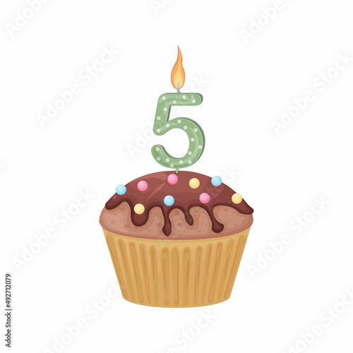 A cake with a candle in the form of the number five. Birthday muffin. Sweet festive dessert. Vector illustration isolated on a white background