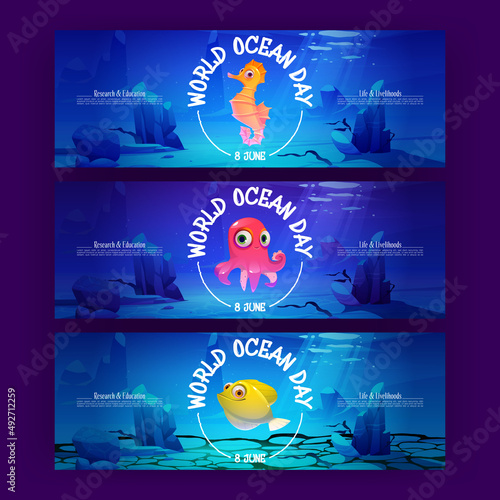 World ocean day posters with cute fish, octopus and seahorse characters deep underwater. Vector banners of global environment event with cartoon illustration of funny wild marine animals in sea