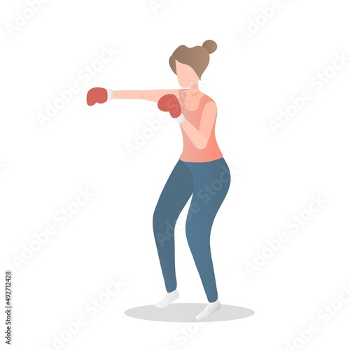 Female boxing training,Full body Weight Loss and Fat Burn Calories workout program,Cardio exercises routine,build muscle,female in sportswear, Punch by boxing glove at fitness gym,Vector illustration.