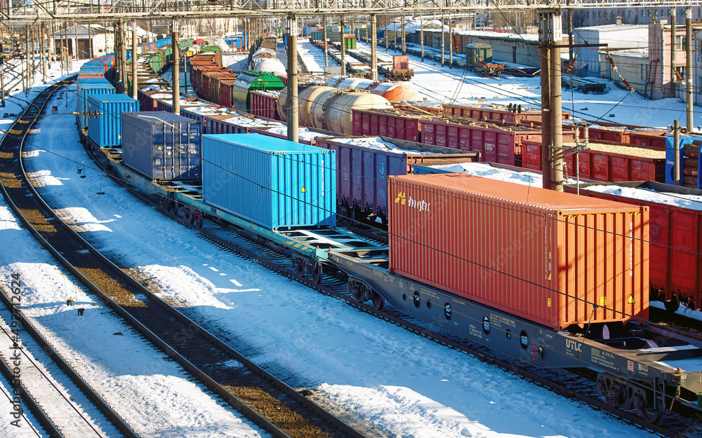 Minsk, Belarus. Feb 2022. Cargo dry containers "HONEYTAK INTERMODAL  LIMITED". Container transportation on freight train by railway. Intermodal  containers on train car. Train deliver Honeytak container Photos | Adobe  Stock