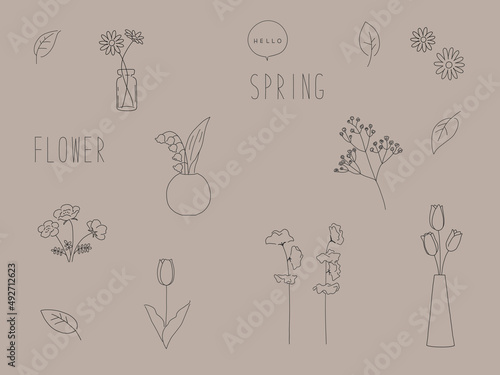 チューリップやマーガレットなど春の花手描きペン画風シンプルイラストセット