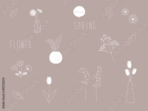 チューリップやマーガレットなど春の花手描き風シンプル線画イラストセット