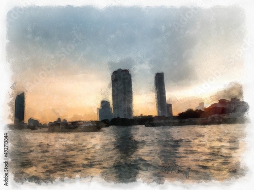 Landscape of the Chao Phraya River in Bangkok  Thailand watercolor style illustration impressionist painting.
