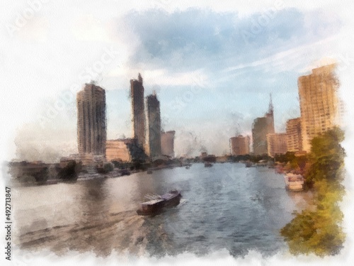 Landscape of the Chao Phraya River in Bangkok, Thailand watercolor style illustration impressionist painting.