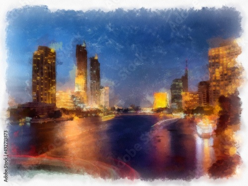 Landscape of Chao Phraya River at night in Bangkok, Thailand watercolor style illustration impressionist painting. © Kittipong