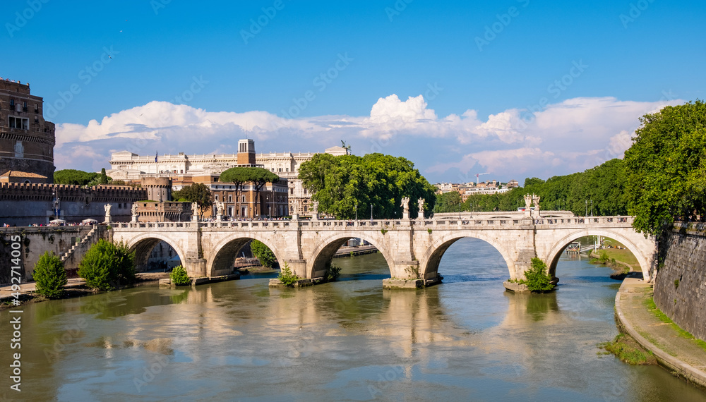 Ponte Sant'Angelo, Saint Angel Bridge, known as Aelian Bridge or Pons Aelius over Tiber river in historic city center of Rome in Italy