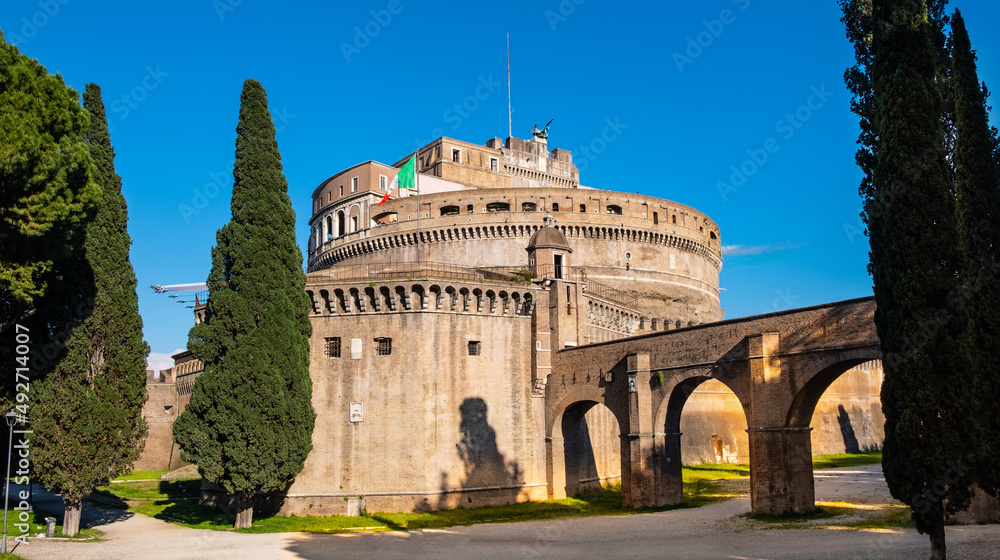 Castel Sant'Angelo fortress, Castle of the Holy Angel, known as Mausoleum of Hadrian with Passetto di Borgo passage in historic city center of Rome in Italy
