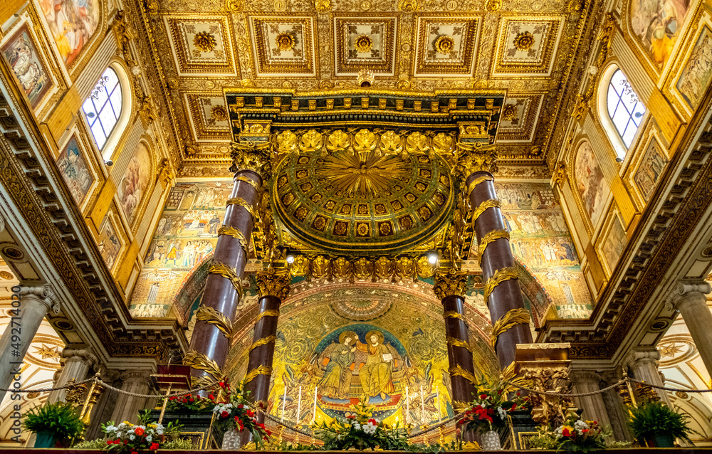 Apse and presbytery ceiling polychromic painting of papal basilica of Saint Mary Major, Basilica di Santa Maria Maggiore, in historic city center of Rome in Italy