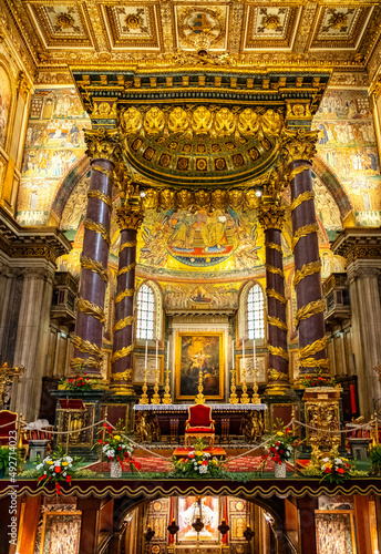 Main nave and presbytery of papal basilica of Saint Mary Major, Basilica di Santa Maria Maggiore, in historic city center of Rome in Italy