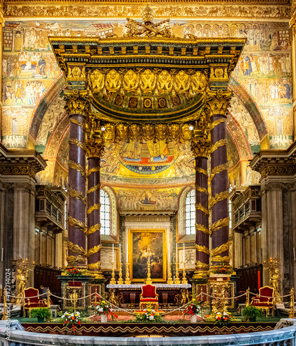 Main nave and presbytery of papal basilica of Saint Mary Major, Basilica di Santa Maria Maggiore, in historic city center of Rome in Italy