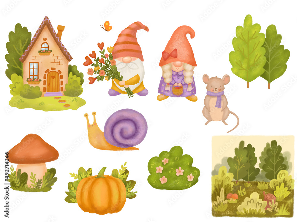 Funny Scandinavian Gnome with bouquet of flowers in hands isolated on white background. Cute Girl with basket. Hand drawn llustration for greeting cards and Valentines. Drawing set Funny Scandinavian Gnome with bouquet of flowers in hands isolated on white background. Cute Girl with basket. Hand drawn llustration for greeting cards and Valentines. Drawing set