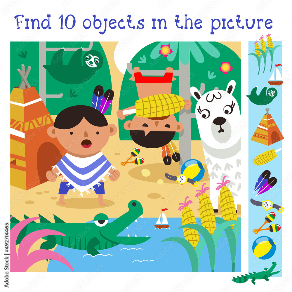 Fototapeta premium Funny Indian boys play with alpaca near pond. Find 10 items. Game for children. Cute cartoon characters. Vector illustration.