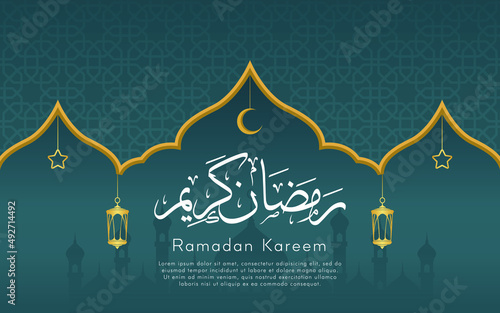 Ramadan Kareem greeting banner template. ornament pattern background with arabic calligraphy, mosque, crescent, star, and lantern vector illustration.