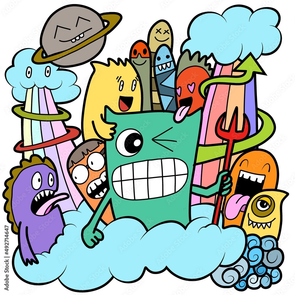 Fototapeta premium Hand-drawn illustrations, monsters doodle, Hand Drawn cartoon monster illustration,Cartoon crowd doodle hand-drawn Doodle style.