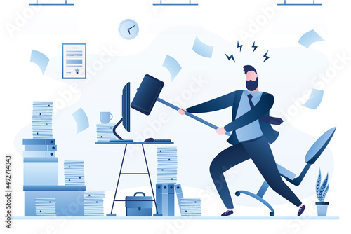 White collar worker tired. Man employee overworked. Angry male clerk uses hammer and crashes workplace. Office, corporate slavery. Time management, multitasking and paperwork.