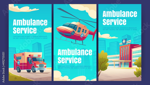 Ambulance service posters with hospital building, medical car and helicopter. Vector banners of emergency rescue, urgent first aid service with cartoon illustration of clinic and healthcare transport