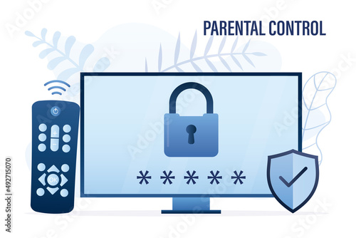 Parental control, concept. Modern monitor or tv set with padlock and password. Remote control and protection shield near display. Age restriction. Media content only for adults.
