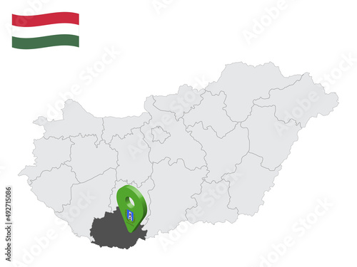 Location Baranya County on map Hungary. 3d location sign similar to the flag of  Baranya. Quality map  with  Regions of the Hungary for your design. EPS10