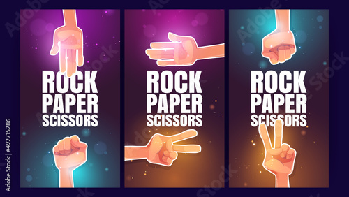 Rock, paper, scissors banners with hand gestures. Vector vertical banners of gesturing game, fun competition with cartoon illustration of human palm and arms in fist and victory symbol