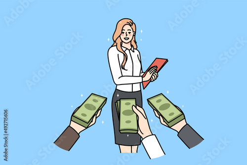 Diverse businesspeople with money in hands offer funding to successful businesswoman. Female employee receive finances from investors or bankers. Economy and budget. Vector illustration. 