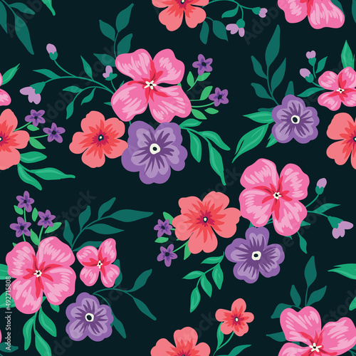 Seamless pattern with pink and purple flowers  leaves  twigs in bouquets. Summer floral print  romantic botanical background with hand drawn plants on a dark field. Vector illustration.